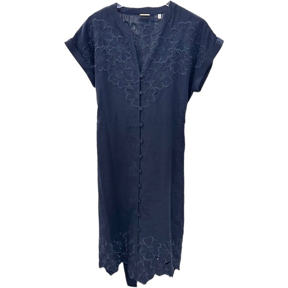 ELIE TAHARI Linen Blend Cap Sleeve Eyelet Trim Navy Blue Knee Length Dress - Picture 9 of 12